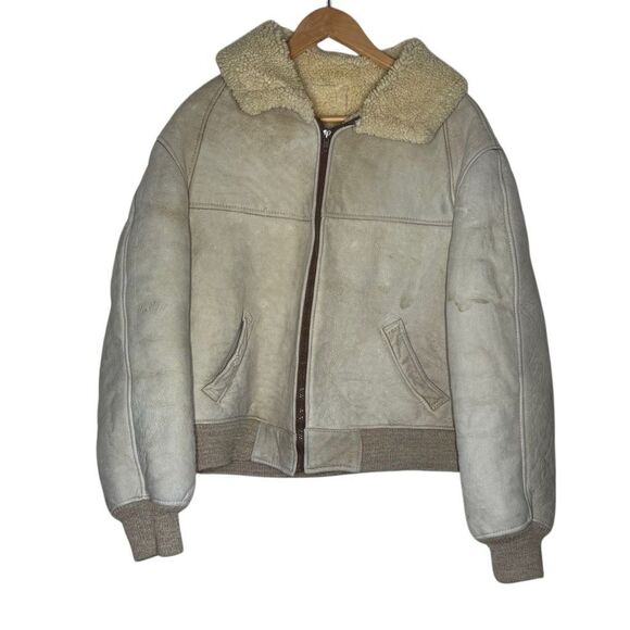 Vintage Bert Paley Beige Long Sleeve Leather Jacket Size 44 Sherpa Lined